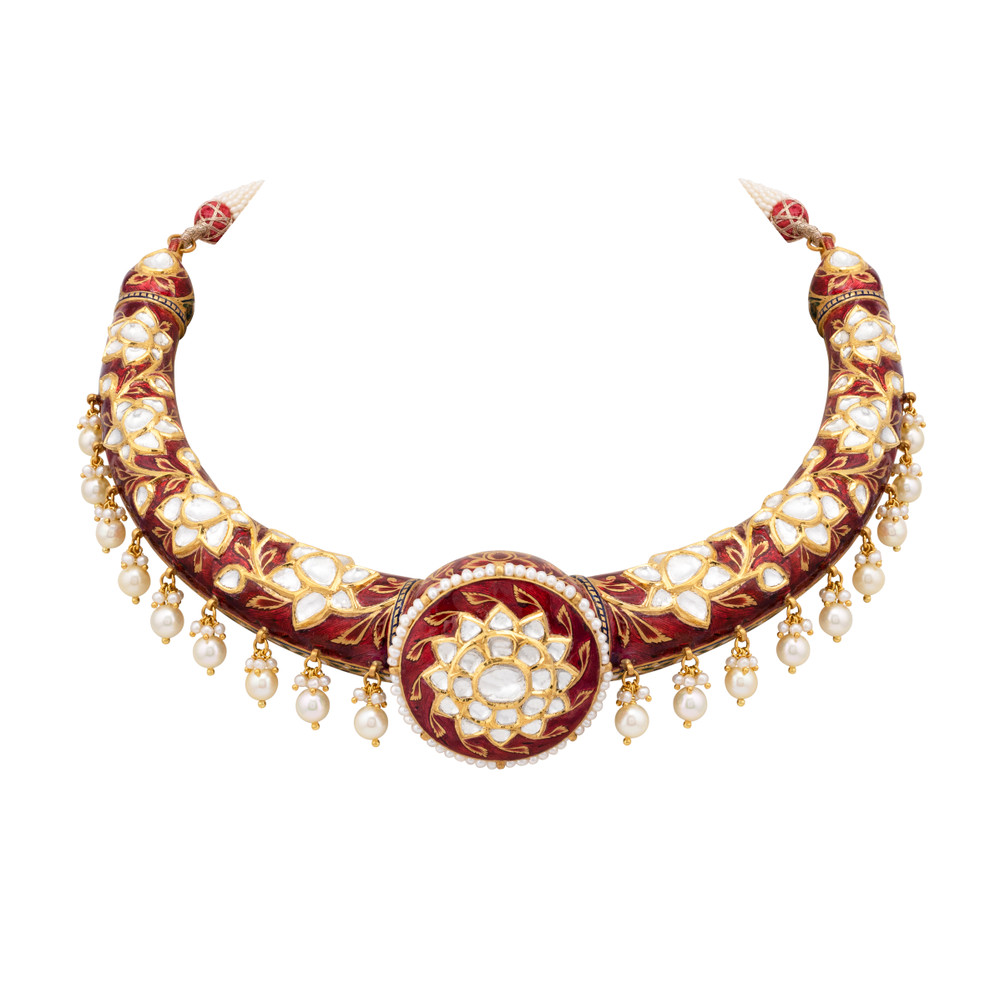 Floral Polki Hasli in Red Enamel with Pearl Drops